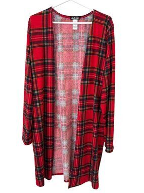 Hemish USA Cardigan Size 2XL Plaid Open Front Long Sleeve Red Black Holiday